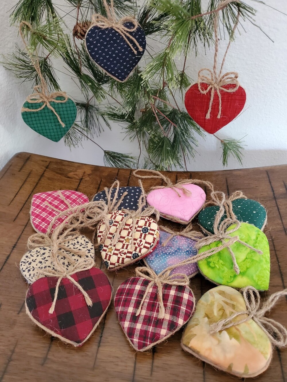 14pc Handmade Fabric Heart Ornaments Lot, Rustic Farmhouse Primitive Home Decor